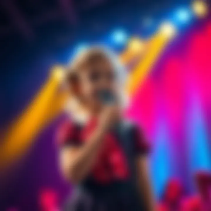 Aspiring singer with a microphone A young girl stands on stage with a microphone, looking determined, surrounded by colorful stage lights, dressed in a 1950s style outfit, symbolizing her passion for the school musical.