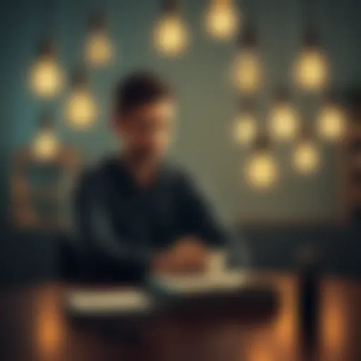 A person sitting at a table, looking thoughtfully at a notebook, surrounded by light bulbs representing ideas, illustrating how assumptions shape perception.