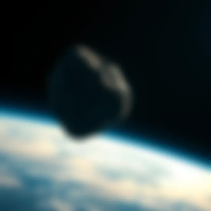 Asteroid Apophis flying close to Earth in April 2029, with Earth in the background and a clear sky.