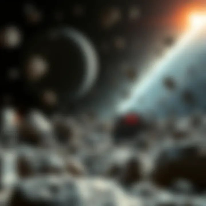 A view of the asteroid belt with metallic structures suggesting alien machines amidst the asteroids