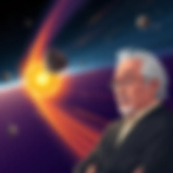 Asteroid Flyby Illustration A bright asteroid approaches the Sun, gaining speed as it passes by, with stars and planets in the background. Dr. Michio Kaku is shown discussing the event with a thoughtful expression.