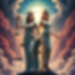 Astraea and Eris in Mythology A depiction of Astraea, a goddess holding scales, with her half-sister Eris, the goddess of strife, in a celestial setting. They symbolize justice and discord respectively.