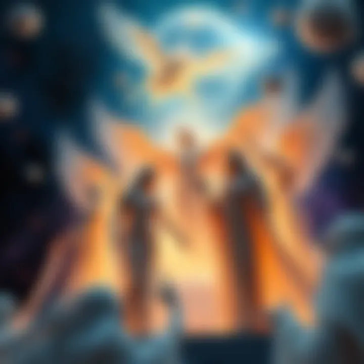 Several ethereal beings surrounded by stars and galaxies, giving a sense of openness and invitation