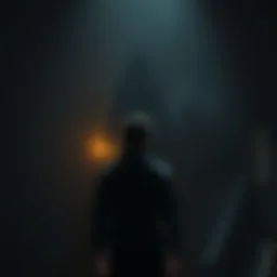 A person stands in a shadowy space, facing a figure resembling their deceased mother, with an eerie gaze and hints of blood on their clothes.