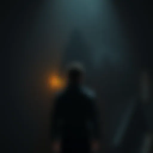 A person stands in a shadowy space, facing a figure resembling their deceased mother, with an eerie gaze and hints of blood on their clothes.