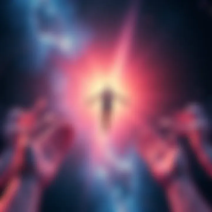 A person floating in a cosmic space with ethereal figures reaching towards them, representing astral entities guiding them back to their physical form.