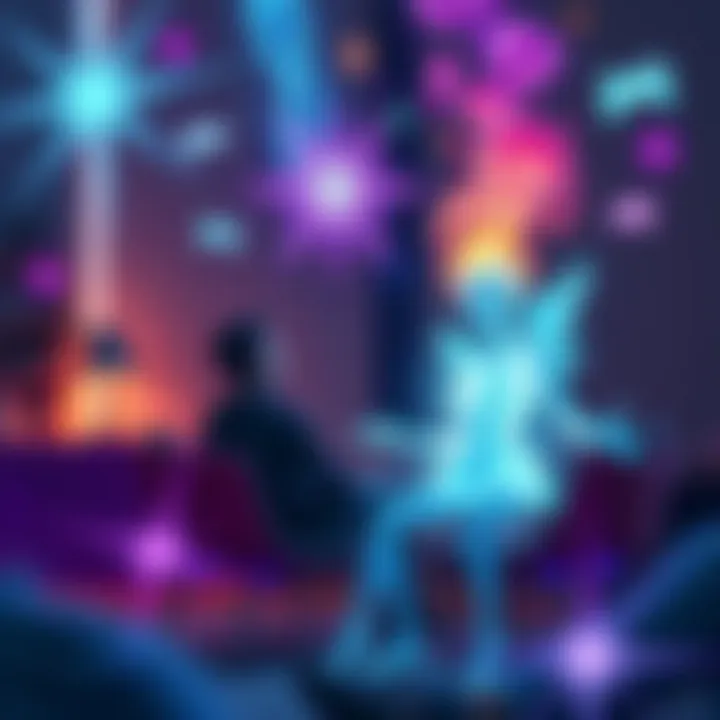 A person in a relaxed setting talks to a glowing, ethereal entity about becoming a video game developer, surrounded by cosmic visuals and gaming icons.