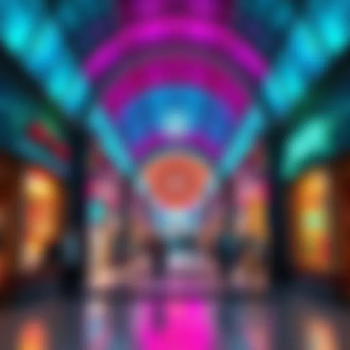 A vibrant entrance to the Astral Mall, showcasing colorful lights and diverse beings interacting