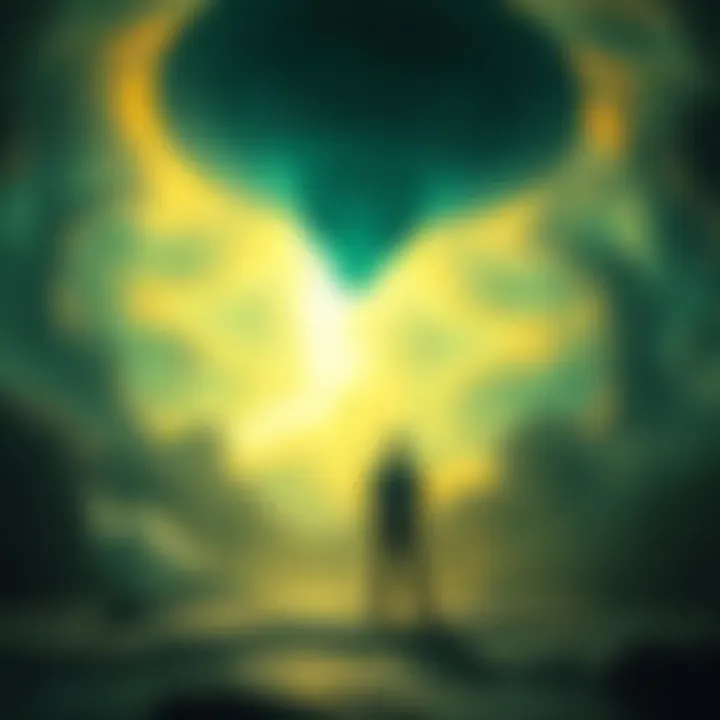 A person experiencing astral projection while encountering an alien in a dreamlike space