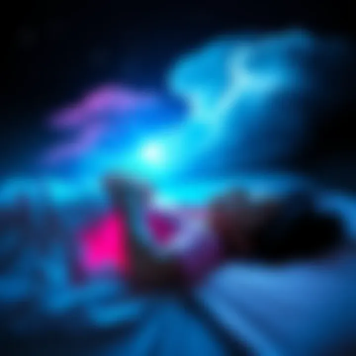 Person attempting astral projection A person lying on a bed with eyes closed, surrounded by a soft glow, and ethereal visuals of stars and clouds above them, representing the astral projection experience.