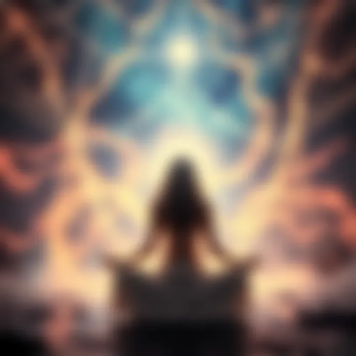 A surreal depiction of a woman in meditation, surrounded by ethereal webs representing negative energies, against a cosmic backdrop.