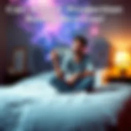 A person sitting on a bed, looking curious while holding a $10 bill, surrounded by a mystical aura representing astral projection.