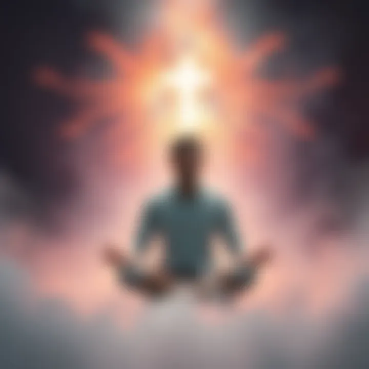 An artistic representation of a person meditating while their spirit separates from their body, surrounded by a misty atmosphere that conveys a sense of otherworldly presence.