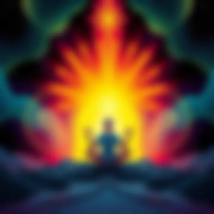An illustration showing a person meditating with a glowing aura, symbolizing astral projection and awareness.