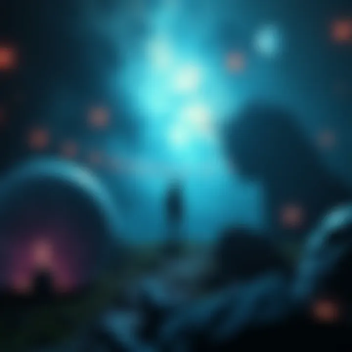 A person experiencing astral projection, surrounded by familiar yet darker landscapes and strange beings.