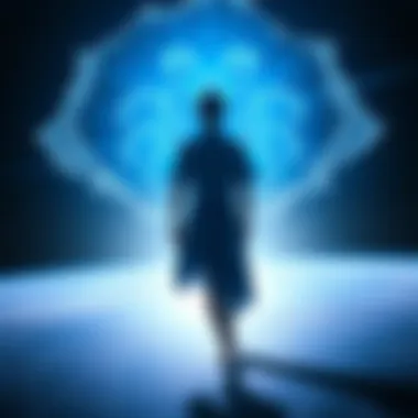 Astral Projection Encounter A depiction of a person experiencing astral projection, surrounded by a blue light and a shadowy figure representing a parasite, with a rip in the background suggesting a portal in space.