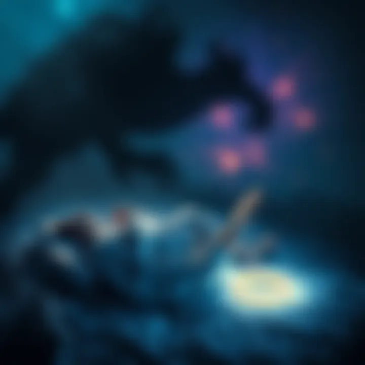 Astral Projection Experience A person floating above their own sleeping body with a dark shadow nearby, representing a demonic presence, and a glowing Oura ring beside them