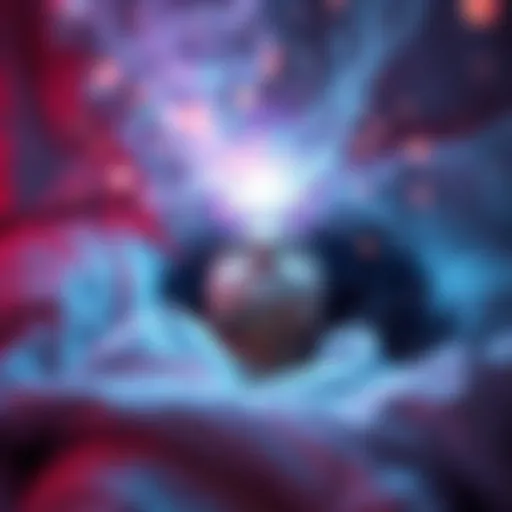 Person experiencing astral projection A person lying on a bed with a serene expression, surrounded by a soft glow and abstract visual effects representing vibrations and dreamlike imagery.