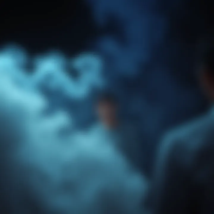 A person surrounded by darkness with a shadowy humanoid figure made of smoke nearby, immersed in a strange atmosphere.
