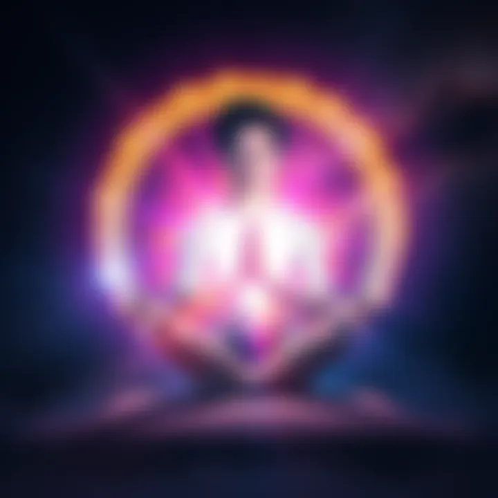 A person meditating with a glowing aura, surrounded by stars and a cosmic background, representing astral projection.