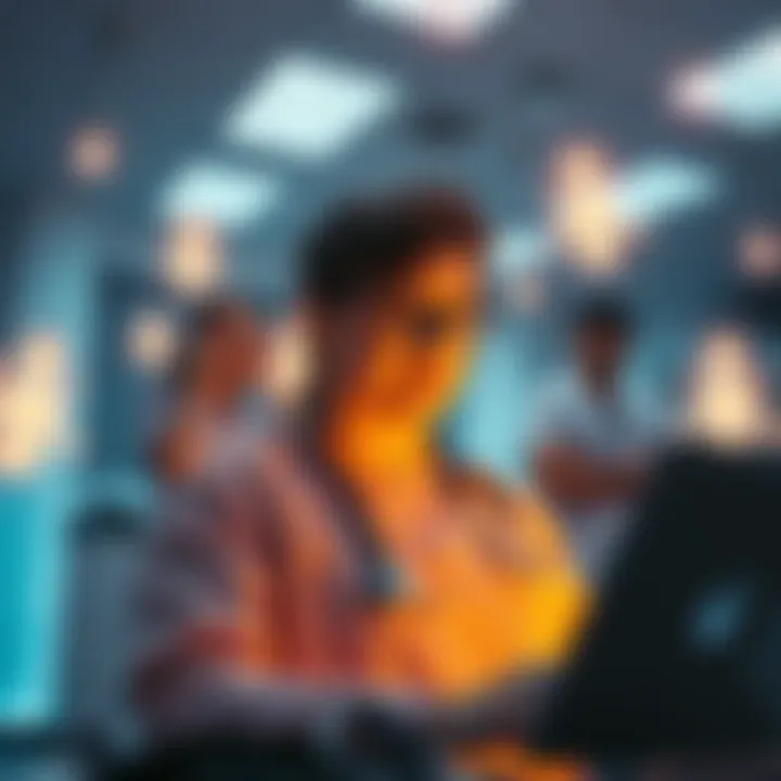 Astral Projection Experience A physical therapist technician experiencing astral projection, surrounded by coworkers and glowing healing spirits, in a calming workplace setting.