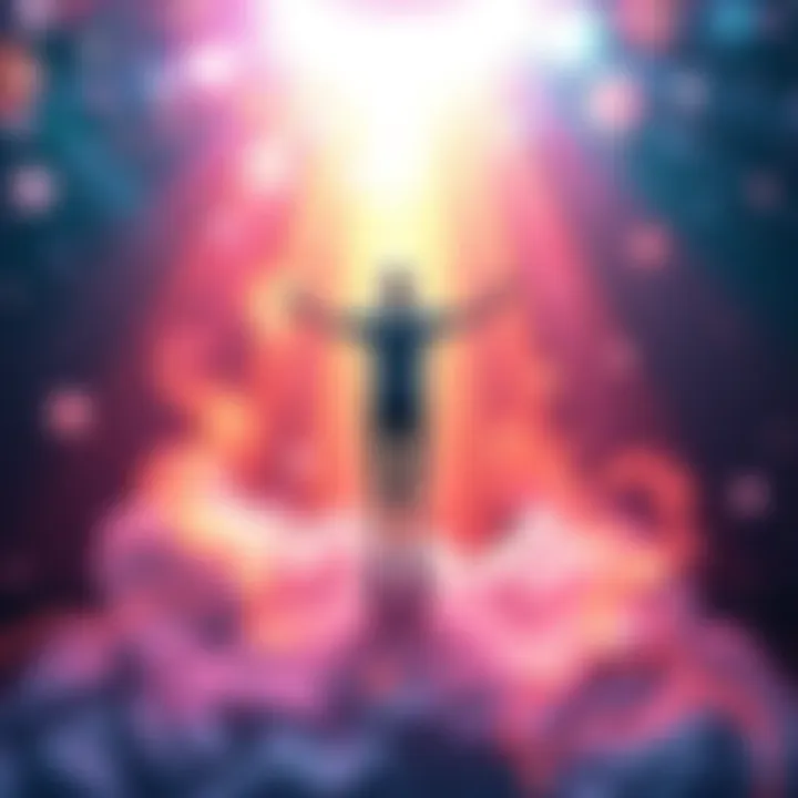A person floating above their sleeping body, surrounded by colorful energy and light, symbolizing astral projection