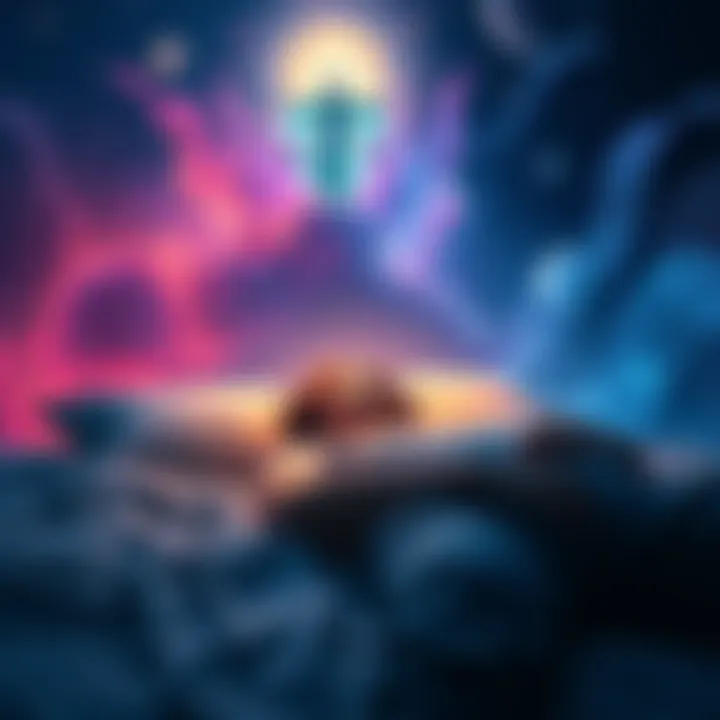 A person lying on a bed with their spirit figure floating above, surrounded by a soft glow and colorful realms in the background.