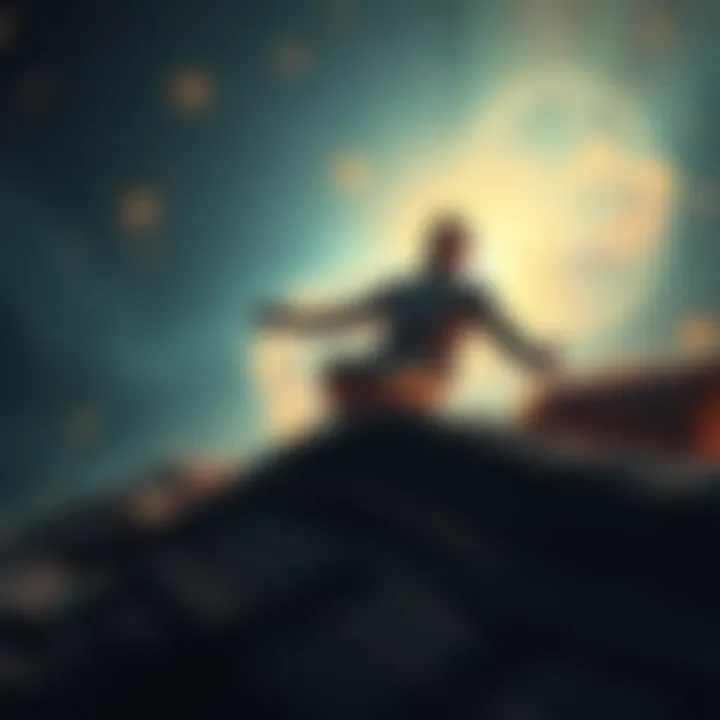 Astral Projection Experience A person floating above their sleeping body, surrounded by a soft, glowing light and stars, representing an out-of-body experience.