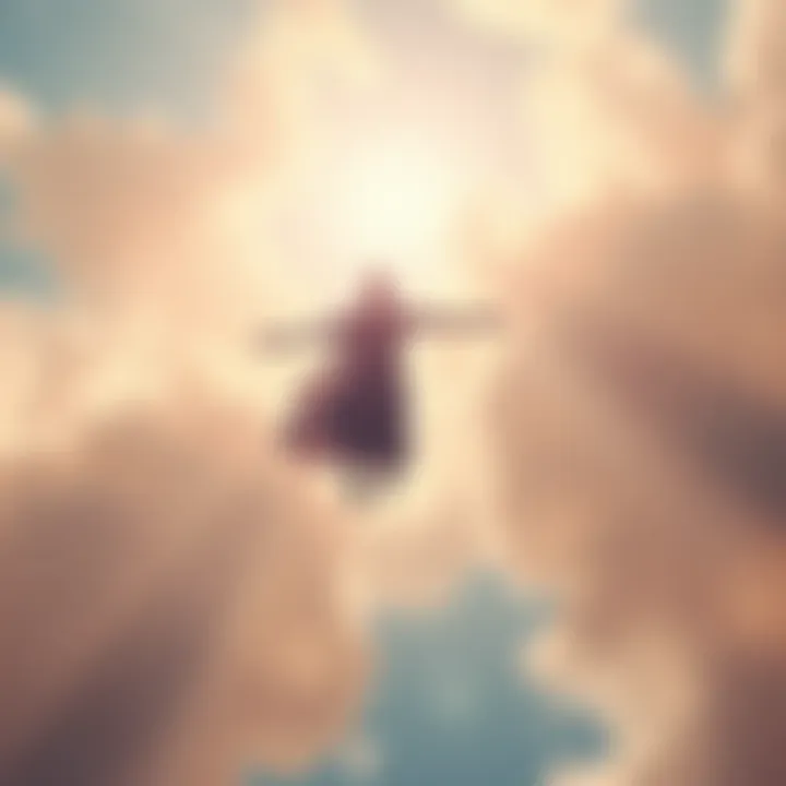 A person floating above their body in a serene environment, surrounded by soft light and gentle colors, symbolizing astral projection