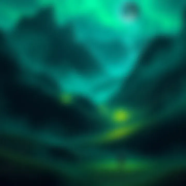 Astral Projection Green Valley A dreamlike green valley filled with soft glowing lights and shadowy figures, reflecting an otherworldly atmosphere.