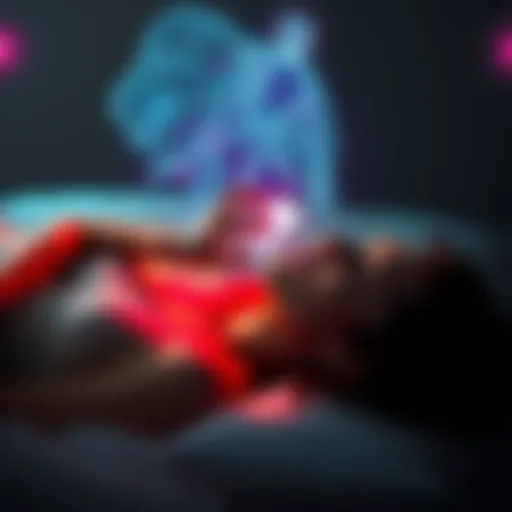 A person lying down with their physical body visible, while a glowing, ethereal figure representing their consciousness hovers above, focusing on a card placed nearby.