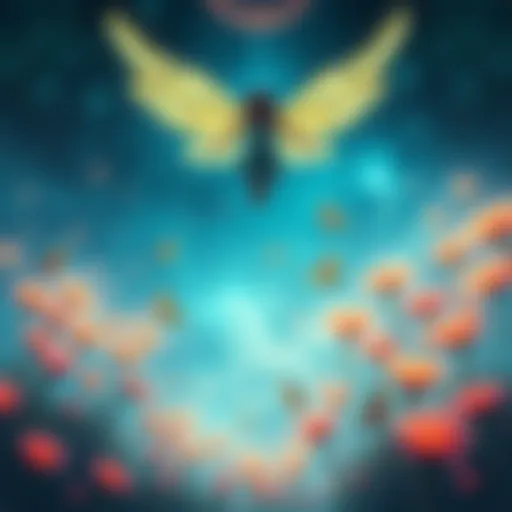A person floating above a vibrant fairy realm filled with glowing flowers and magical creatures, experiencing astral projection