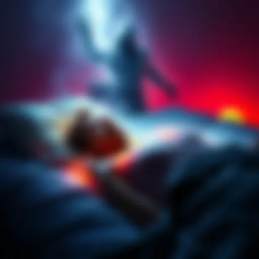 A person lying in bed with eyes closed, surrounded by a glowing aura, while a shadowy figure looms nearby, indicating a feeling of being held down