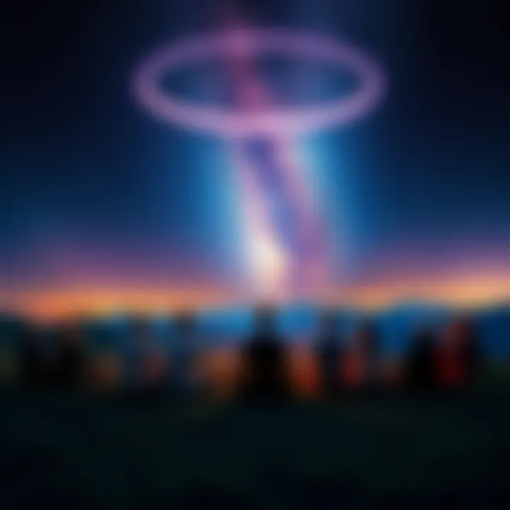 A group of people sitting in a circle, meditating under a starlit sky, connecting through astral projection