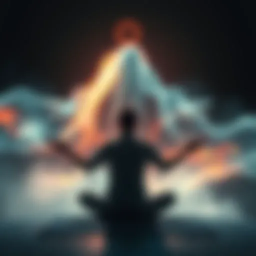 A person meditating with an ethereal glow around them, reaching out towards a shadowy figure representing a ghost.