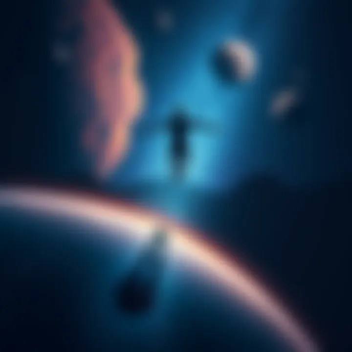 A person floating above their body in a cosmic space, surrounded by stars and distant planets, symbolizing astral projection and exploration of the cosmos.