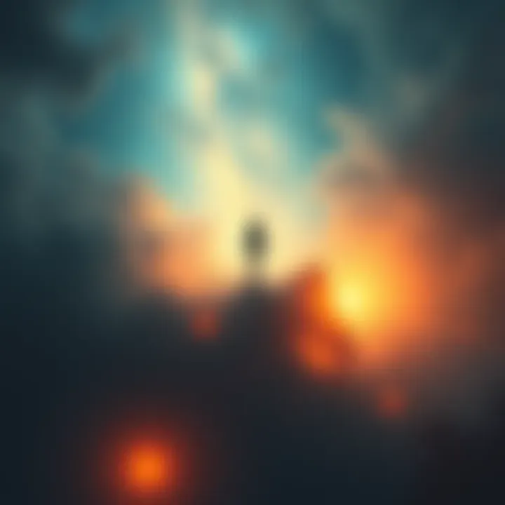 A person floating above their past home, surrounded by glowing light, as they connect with a memory of their mother, indicating a journey through time.