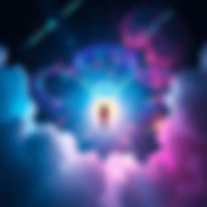 A person floating in a light-filled realm, surrounded by bright colors and ethereal shapes, symbolizing the experience of astral projection.