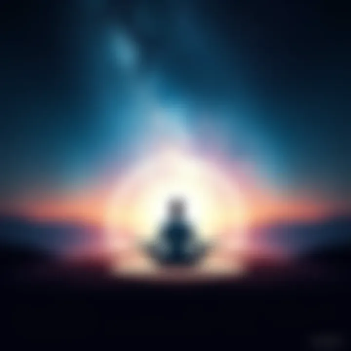 A person meditating with a glow around them, representing an out-of-body experience, in a serene setting with stars above.