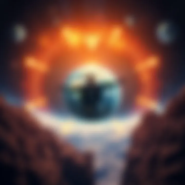 A person floating above Earth, with space and underground elements in the background, symbolizing astral travel distances.