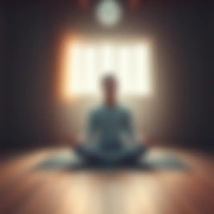A person sitting cross-legged on a mat, eyes closed, in a peaceful room with soft lighting, preparing for astral projection.