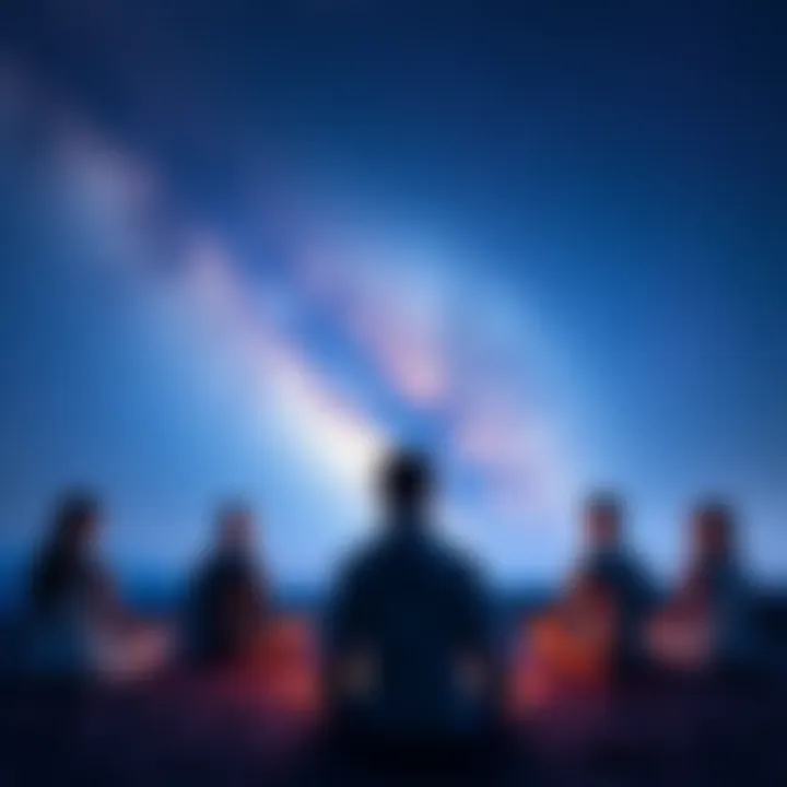 A group of people meditating together under a starry sky, focusing on astral projection practice with a calm and supportive atmosphere.