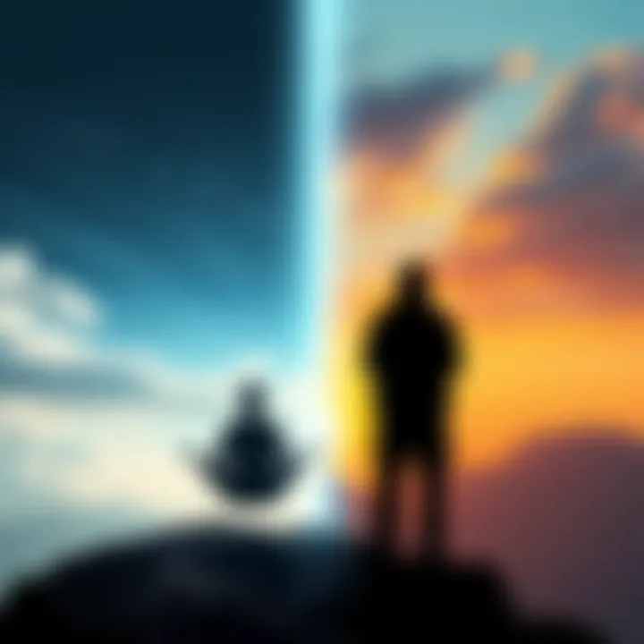 A split image showing one side with a person meditating and appearing to float and the other side with a person observing a distant scene as if from a different perspective.