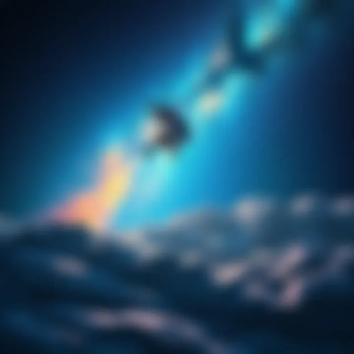 A person floating above their sleeping body, surrounded by a starry sky, transitioning into a dreamlike landscape.