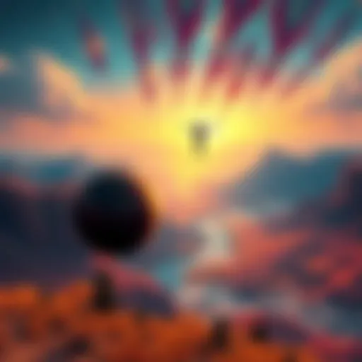 A person floating above a vivid landscape with a dark orb nearby, experiencing astral projection.