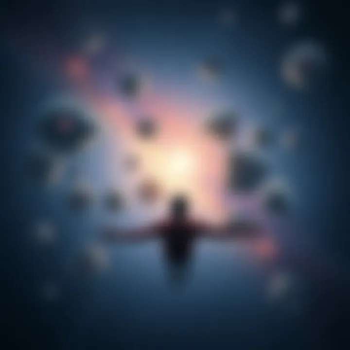 A person floating in a starry sky, experiencing a life review with images of their past life surrounding them.