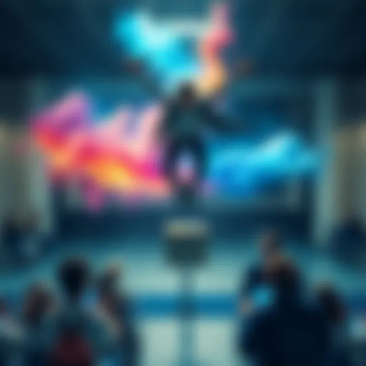 A person floating above a school, surrounded by classmates and teachers, symbolizing freedom and inner conflict in dreams.