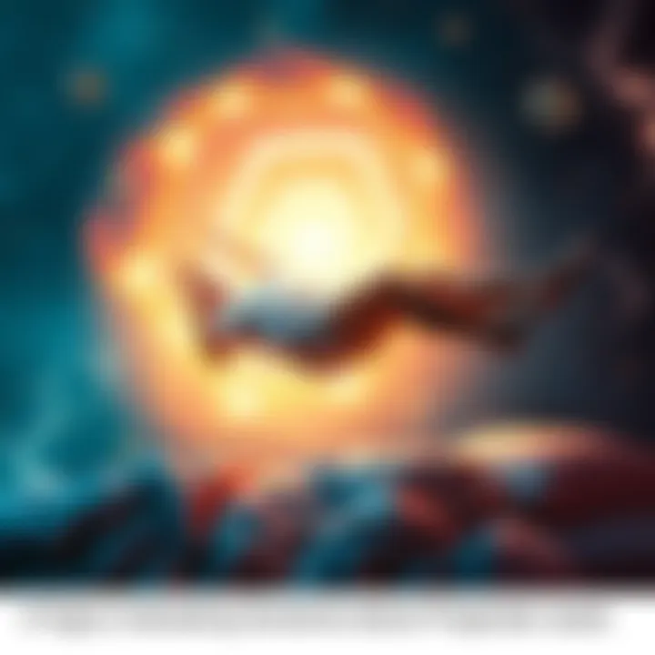 A person floating above their sleeping body, surrounded by a glowing aura, representing astral projection.