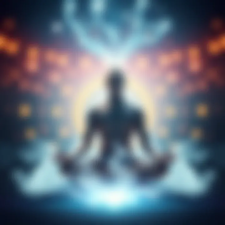 A peaceful person meditating with an ethereal glow around them, symbolizing astral travel and exploration of the mind.