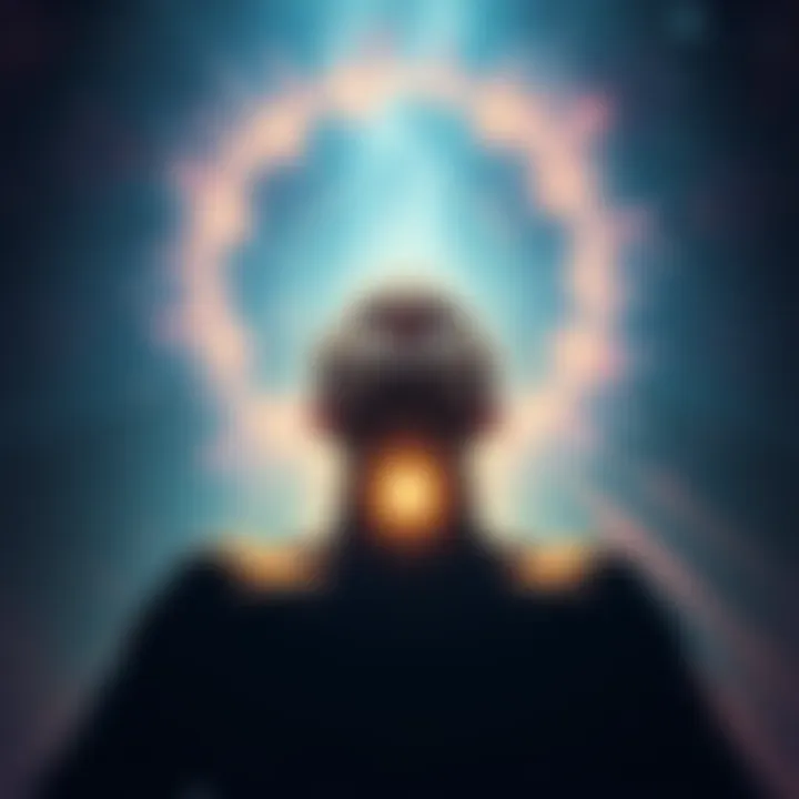 A person experiencing astral projection, surrounded by a bright aura, with a background depicting a starry sky and ethereal light